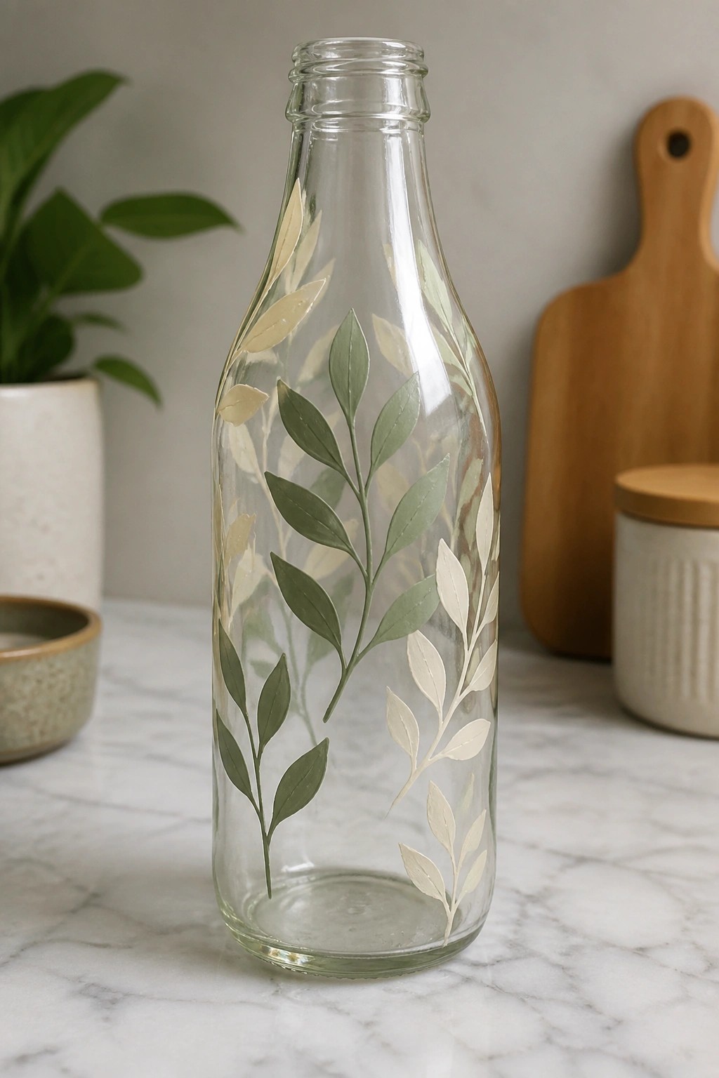 Clear glass bottle with green and beige leaf designs on marble countertop.