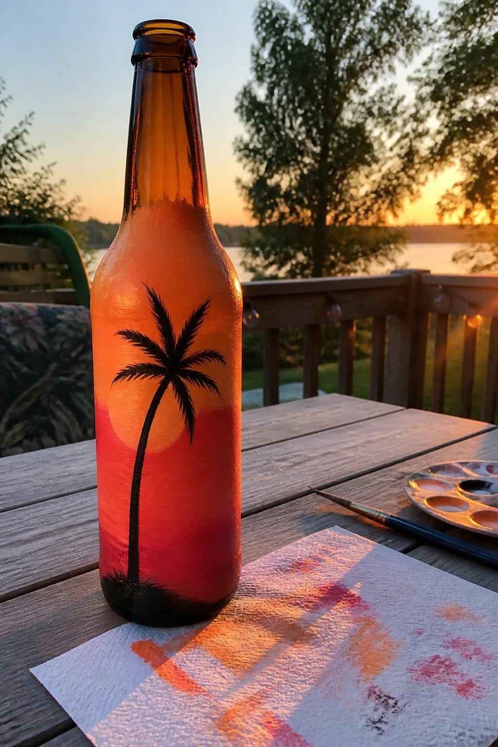 Painted brown bottle with black palm tree on red-orange sunset beside paint palette