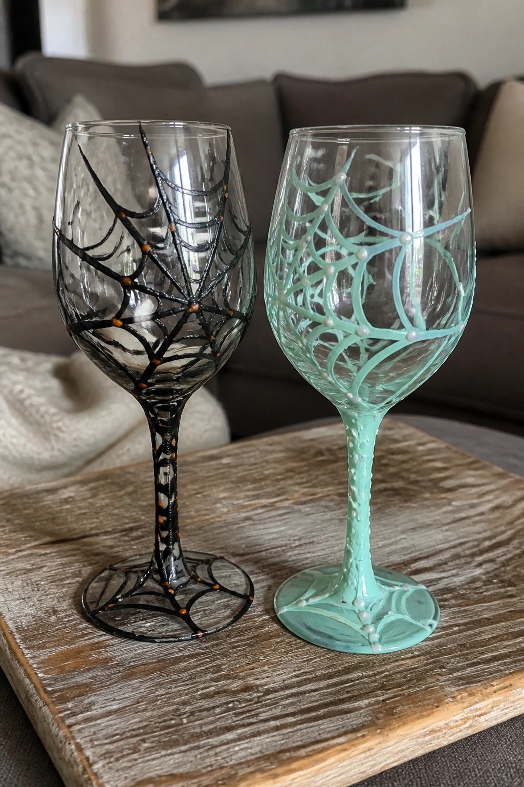 Two spiderweb-patterned wine glasses, one black and one mint green, on wooden tray.