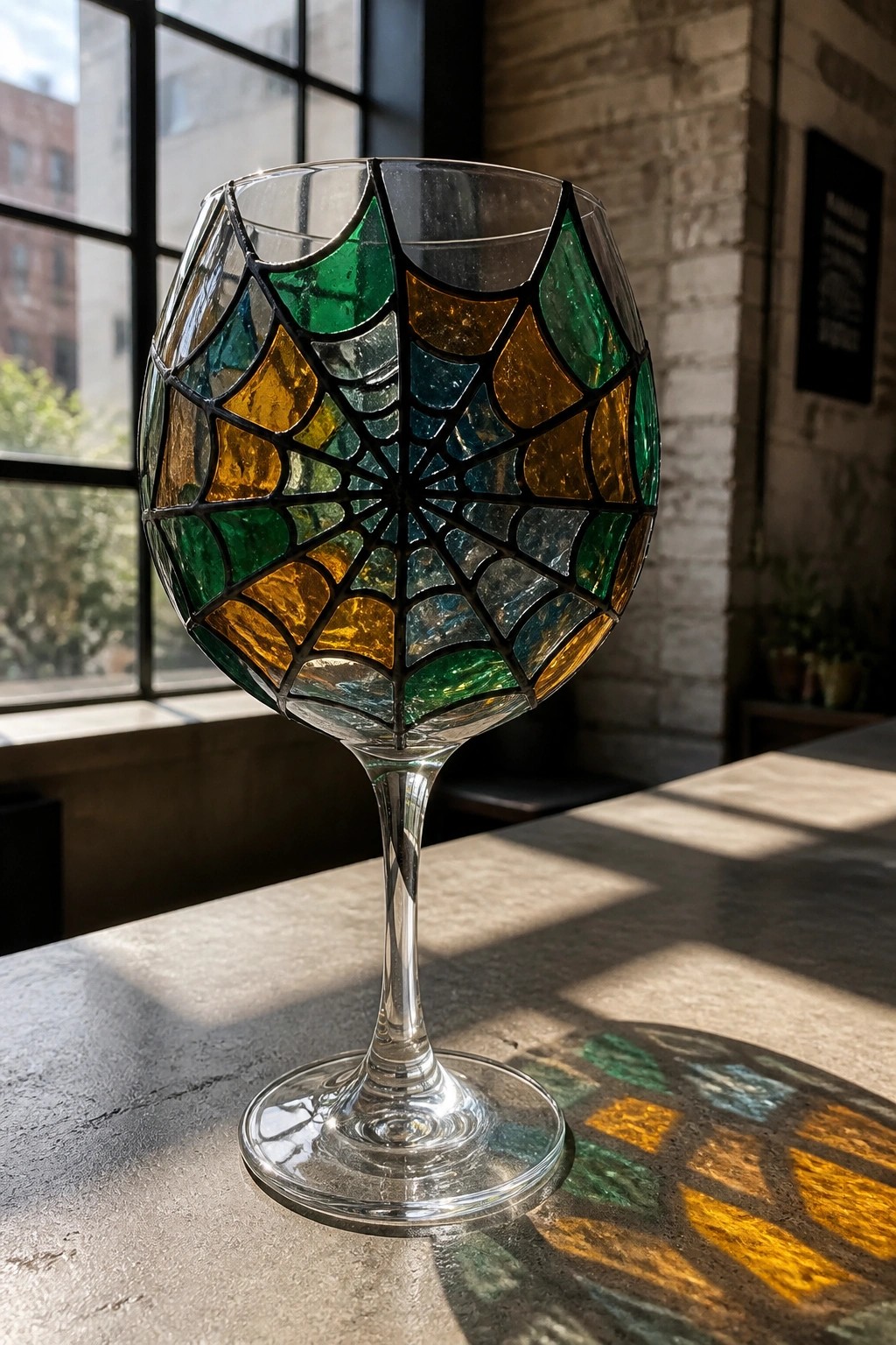 Stained glass wine goblet with colorful spiderweb pattern on sunlit table