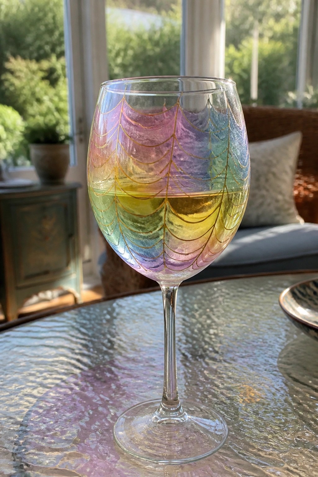 Rainbow iridescent wine glass with gold web pattern half-filled with white wine
