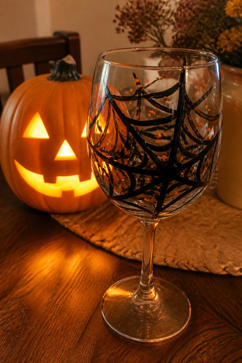 Glowing jack-o'-lantern beside spiderweb-decorated wine glass on wooden table