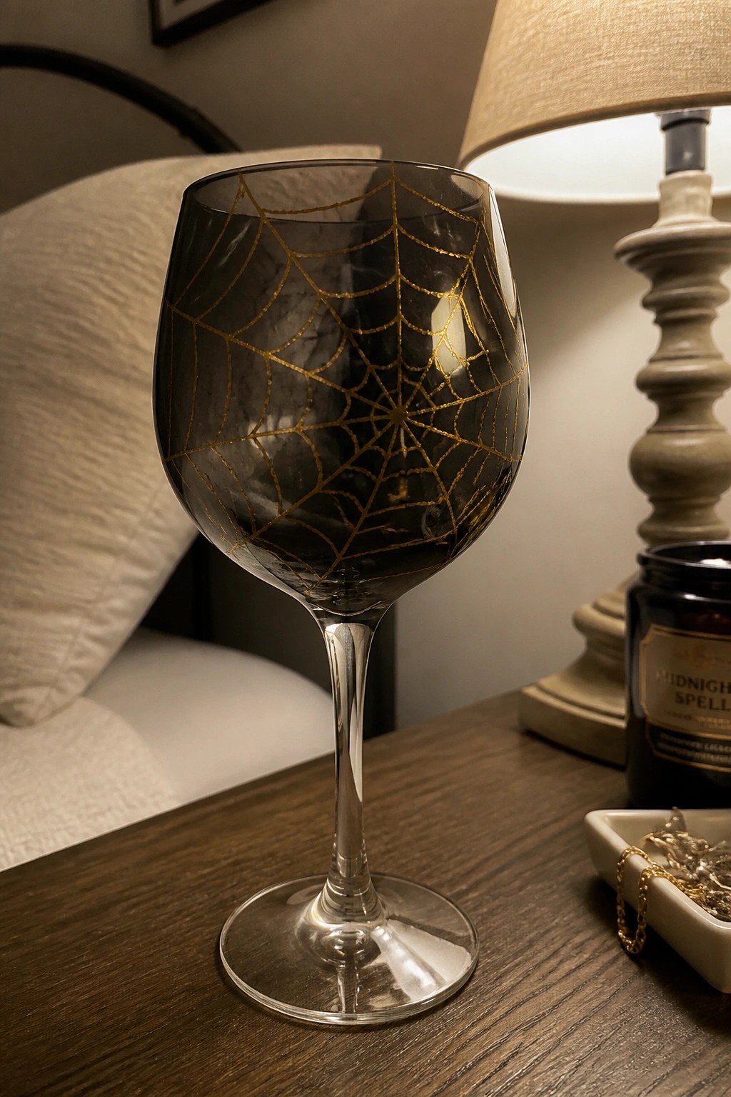 Dark wine glass with gold spiderweb design on wooden table near lamp