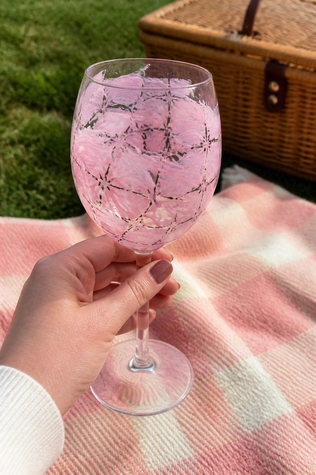 Hand holding pink floral painted wine glass over checkered picnic blanket near basket