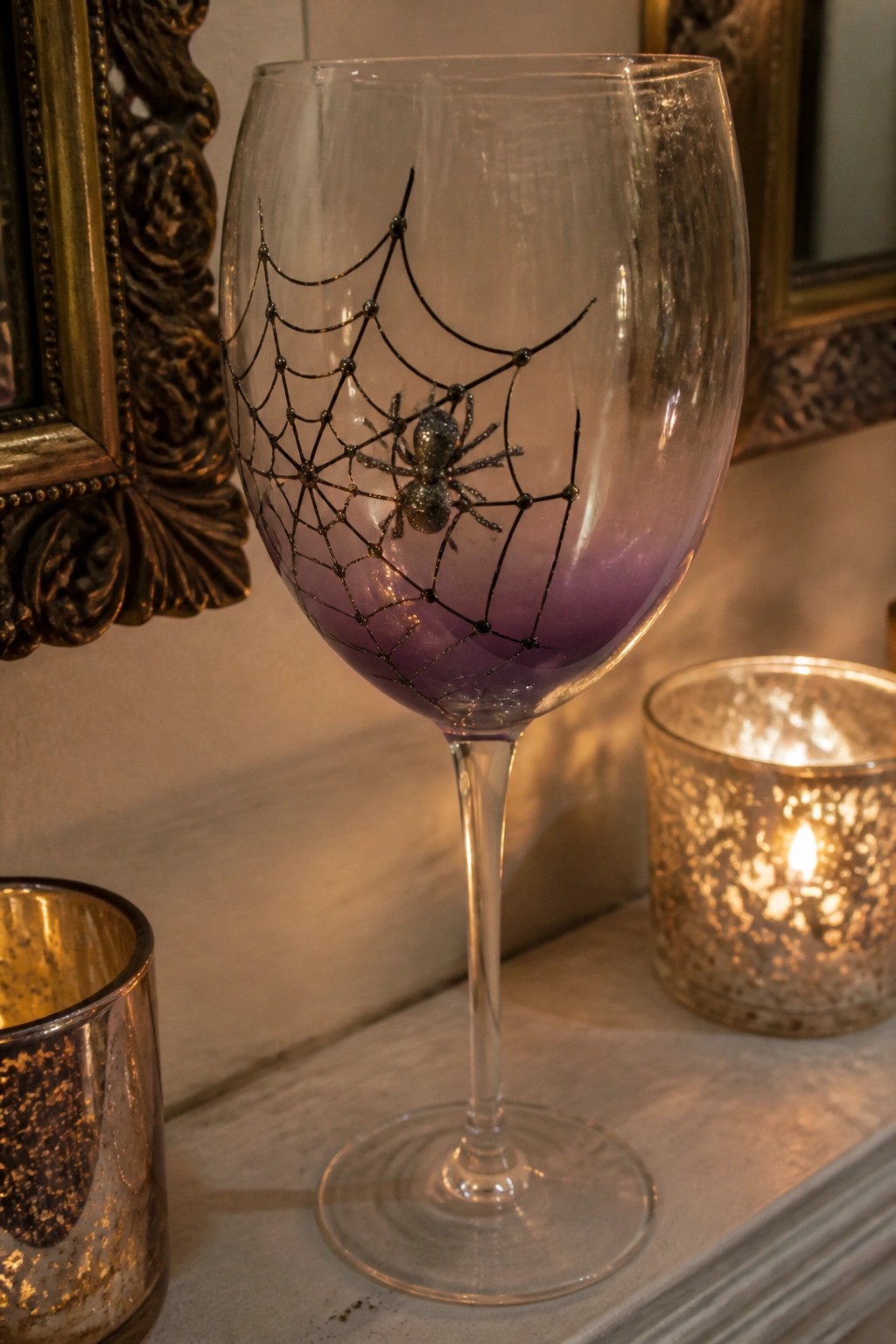 Wine glass with black spiderweb, glitter spider, and purple ombre base near candles