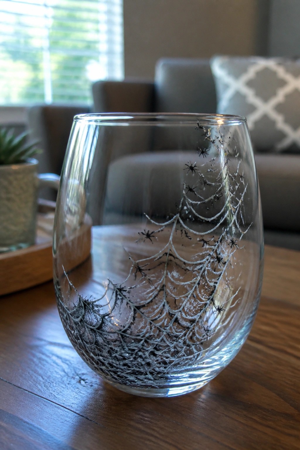 Clear stemless glass etched with spiderweb and spider designs on wooden table