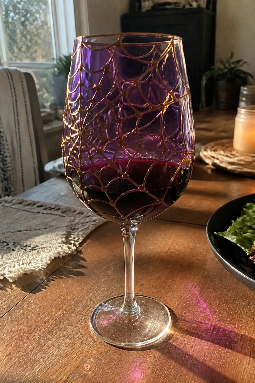 Purple wine glass with gold spiderweb pattern filled with red wine on wooden table.