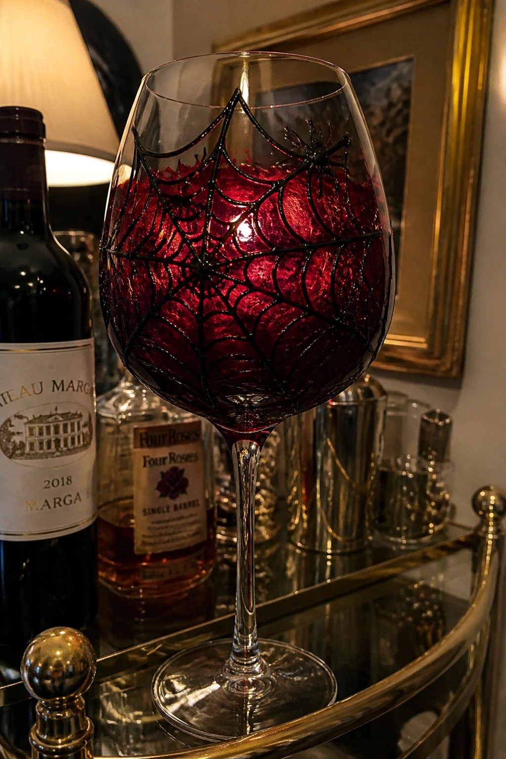 Spiderweb wine glass with red contents beside Chateau Margaux and Four Roses bottles on bar cart