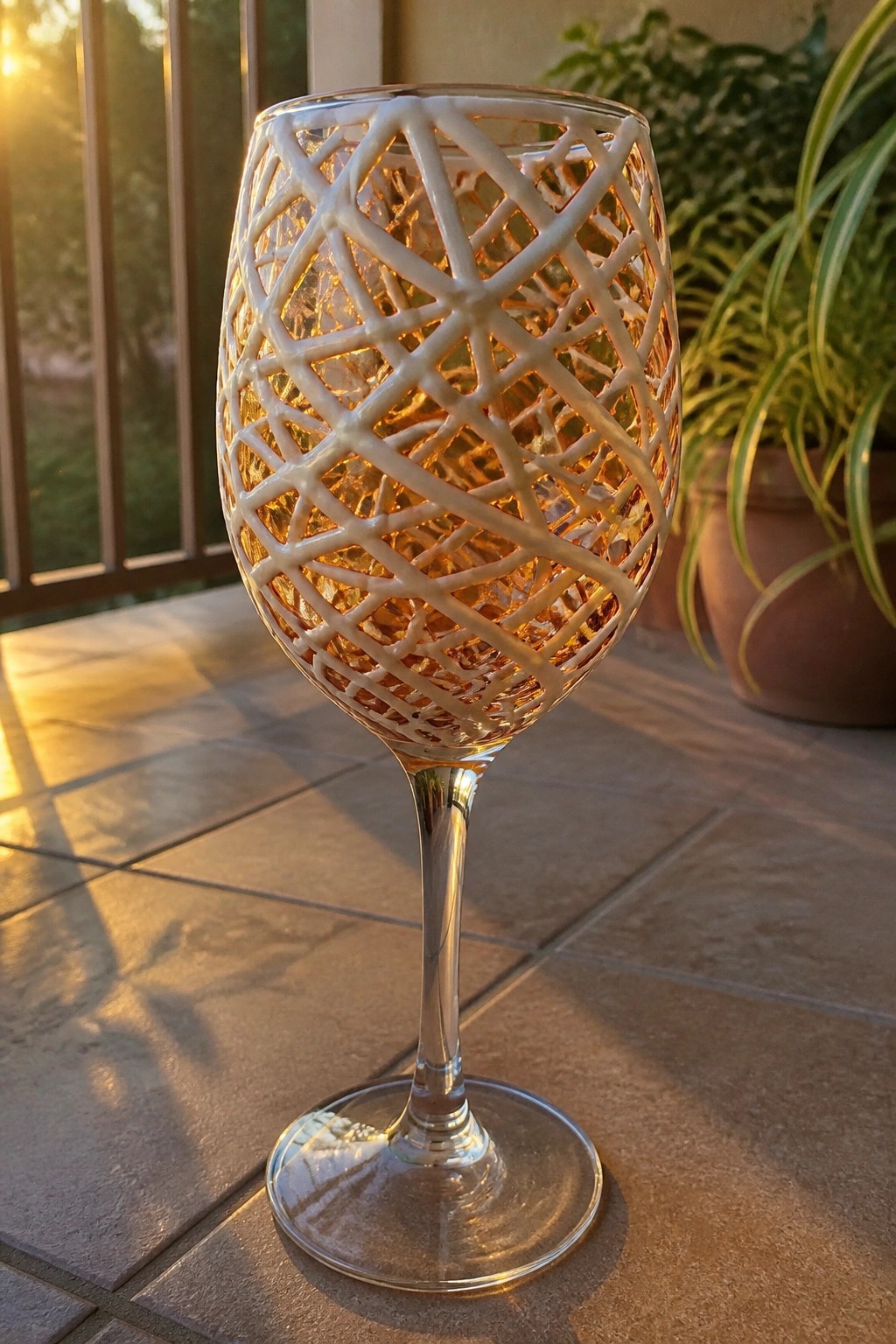Wine glass with white web-like pattern glowing in warm sunset light on tiles