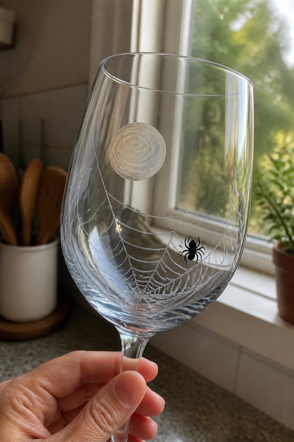 Hand holding etched wine glass with spiderweb, black spider, and moon design