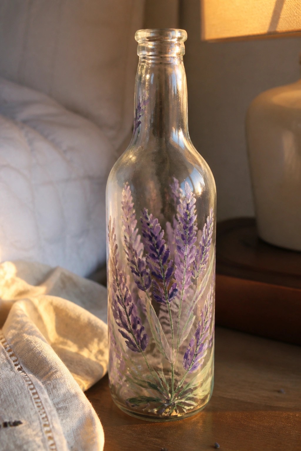 Clear glass bottle with purple lavender flowers painted on wooden table beside linen