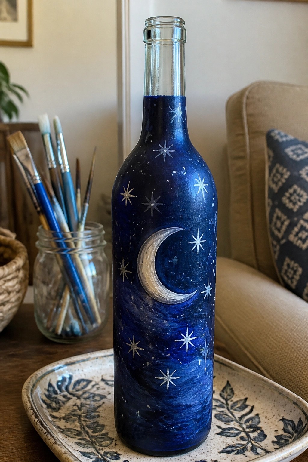 Painted blue bottle with crescent moon and stars on patterned ceramic plate beside brushes