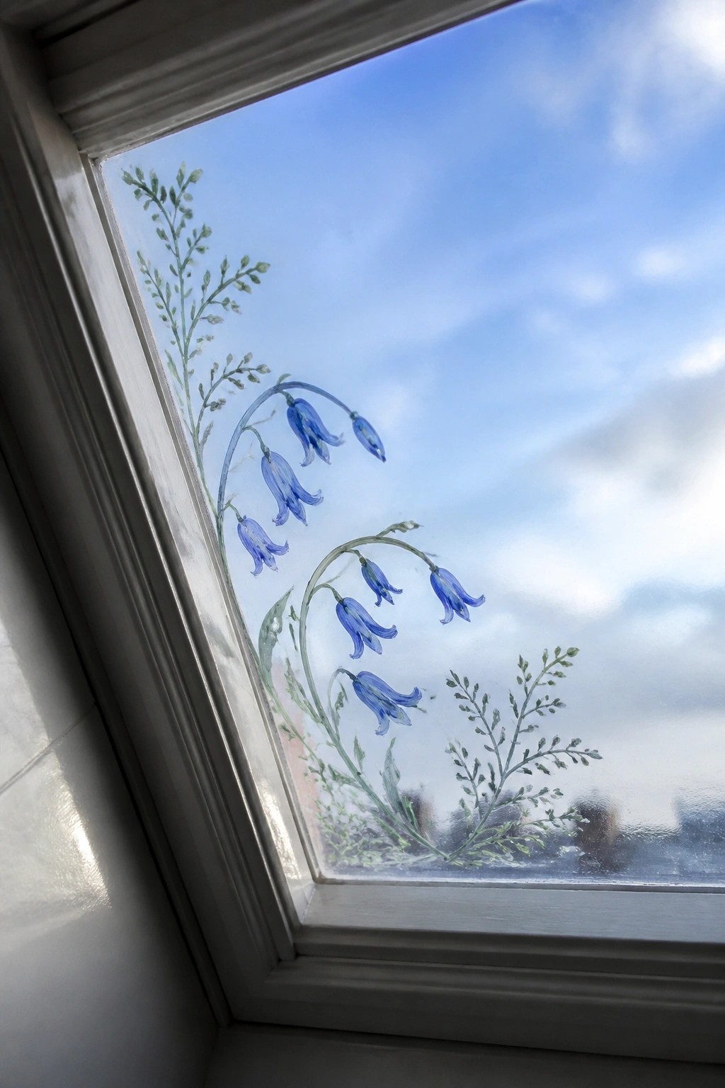 Window with bluebell etching and green stems against blue sky with clouds