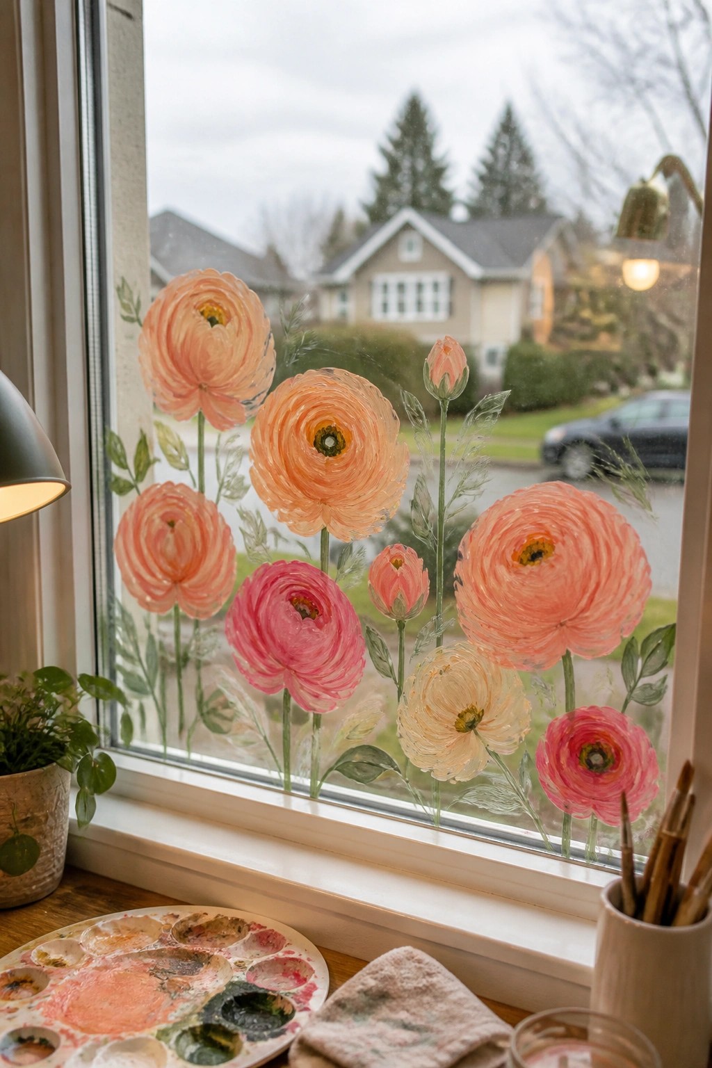 Peach and pink flowers painted on window above paint palette and brushes on sill.