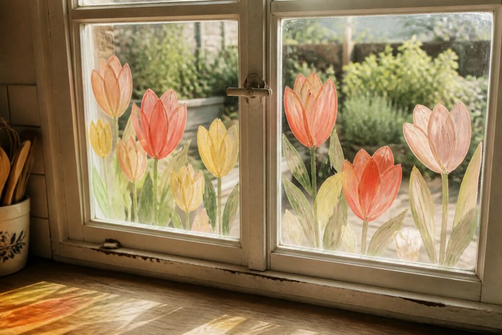 20 Dreamy Floral Window Glass Paintings Using Transparent Color Layers Colorful hand-painted tulips adorn sunny window with potted plant on sill.