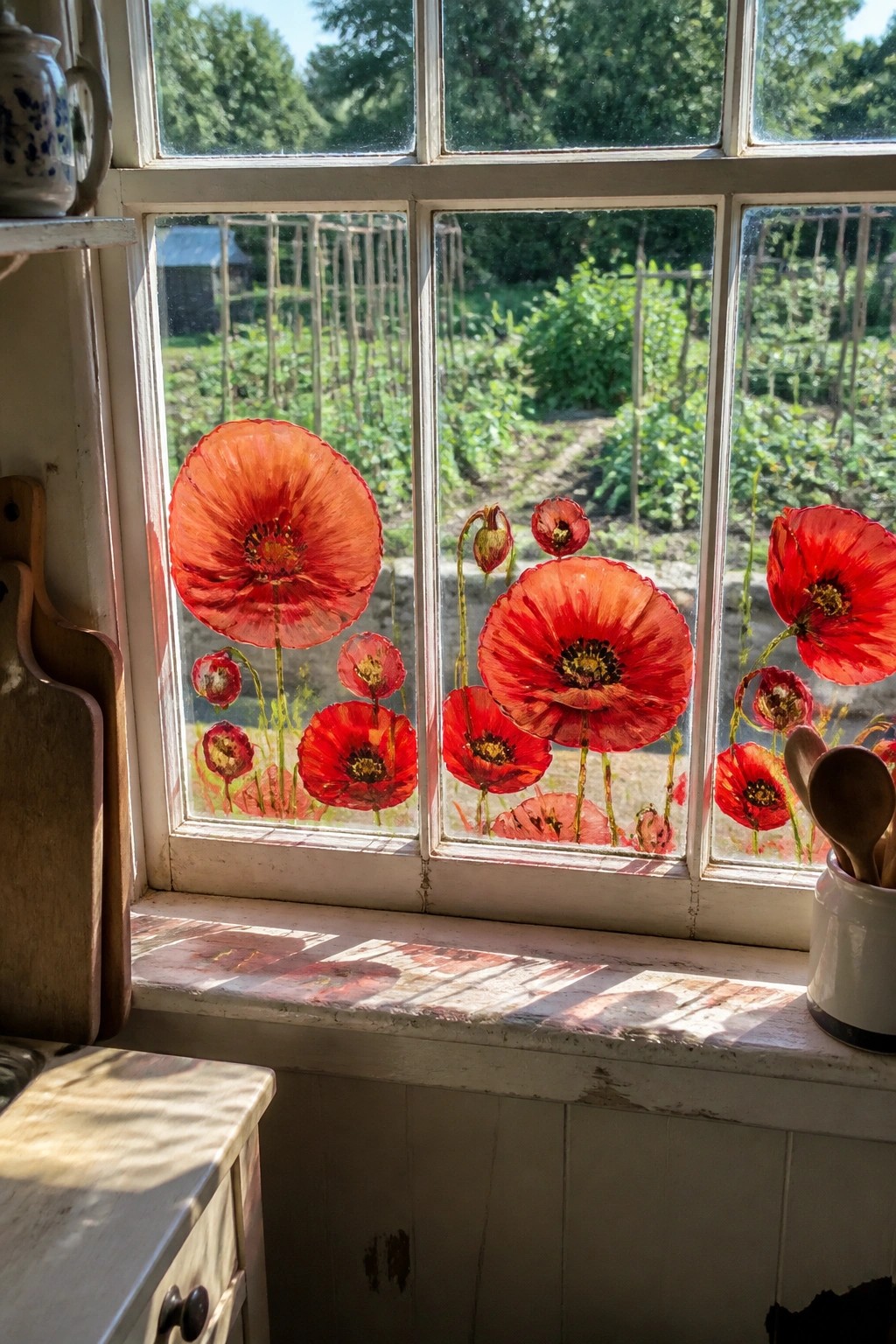 Sunlit window with red poppies painted on panes, garden view, utensils on sill.