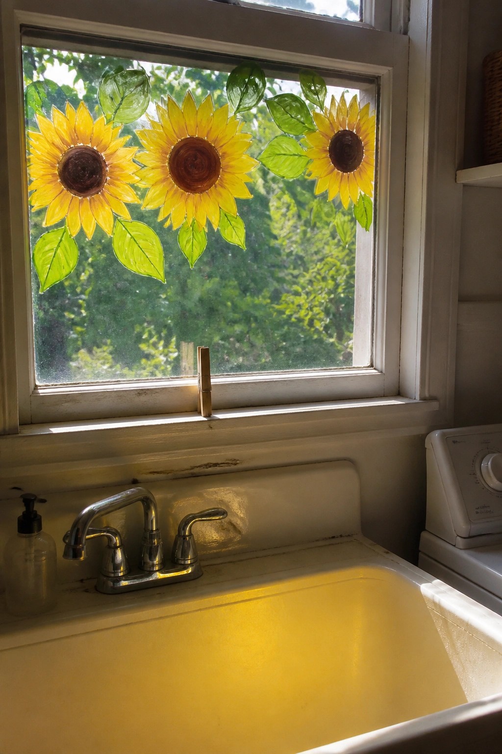 Sunflower decals on window above white utility sink with chrome faucet.