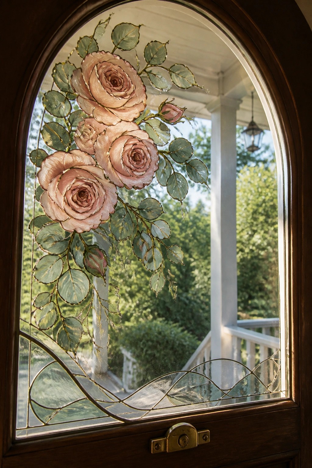 Arched wooden door with stained glass pink roses, green leaves, and porch view.