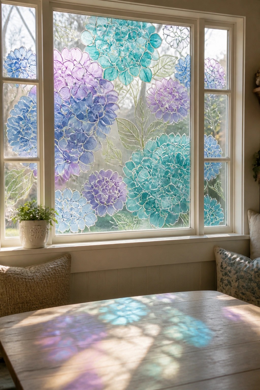 Multi-paned window with large blue, purple, and teal hydrangea paintings casting colored shadows on a wooden table.