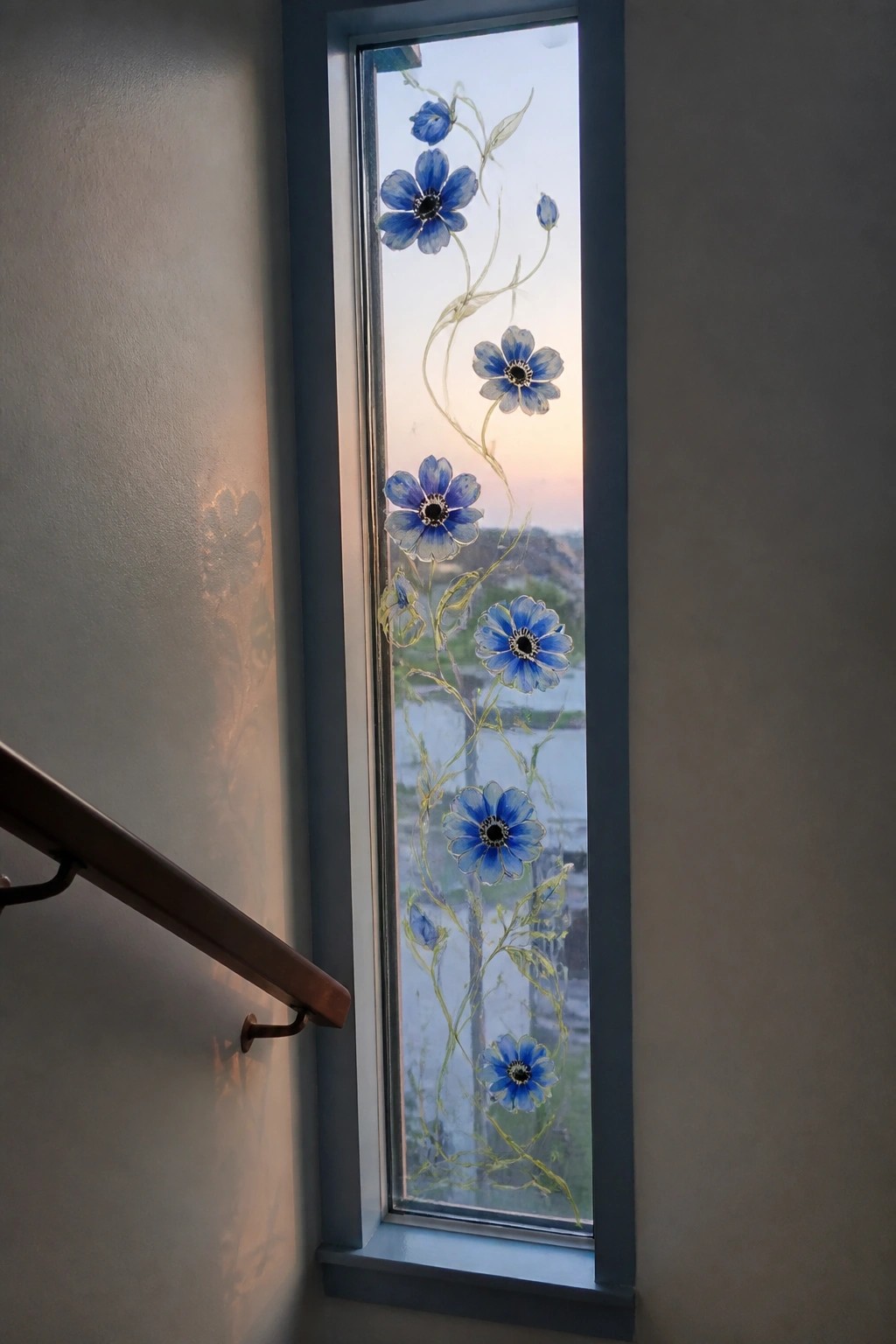 Narrow window with blue floral decals overlooking pink sky beside wooden handrail