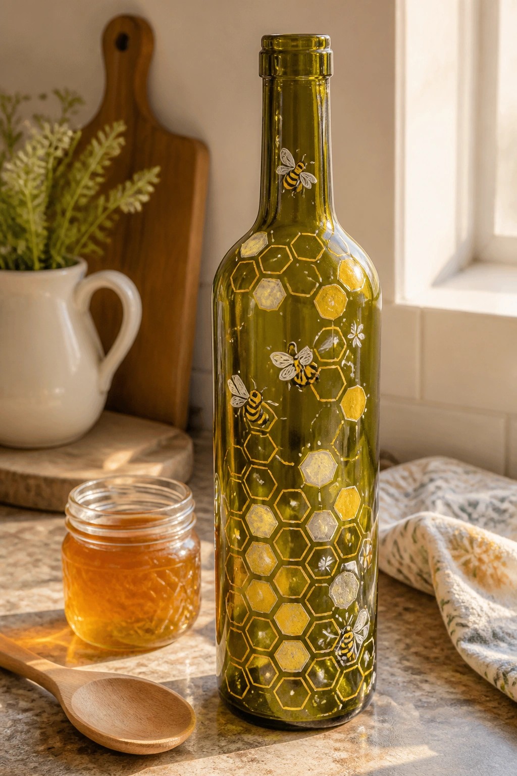 Green glass bottle with golden bees and honeycombs beside honey jar and wooden spoon