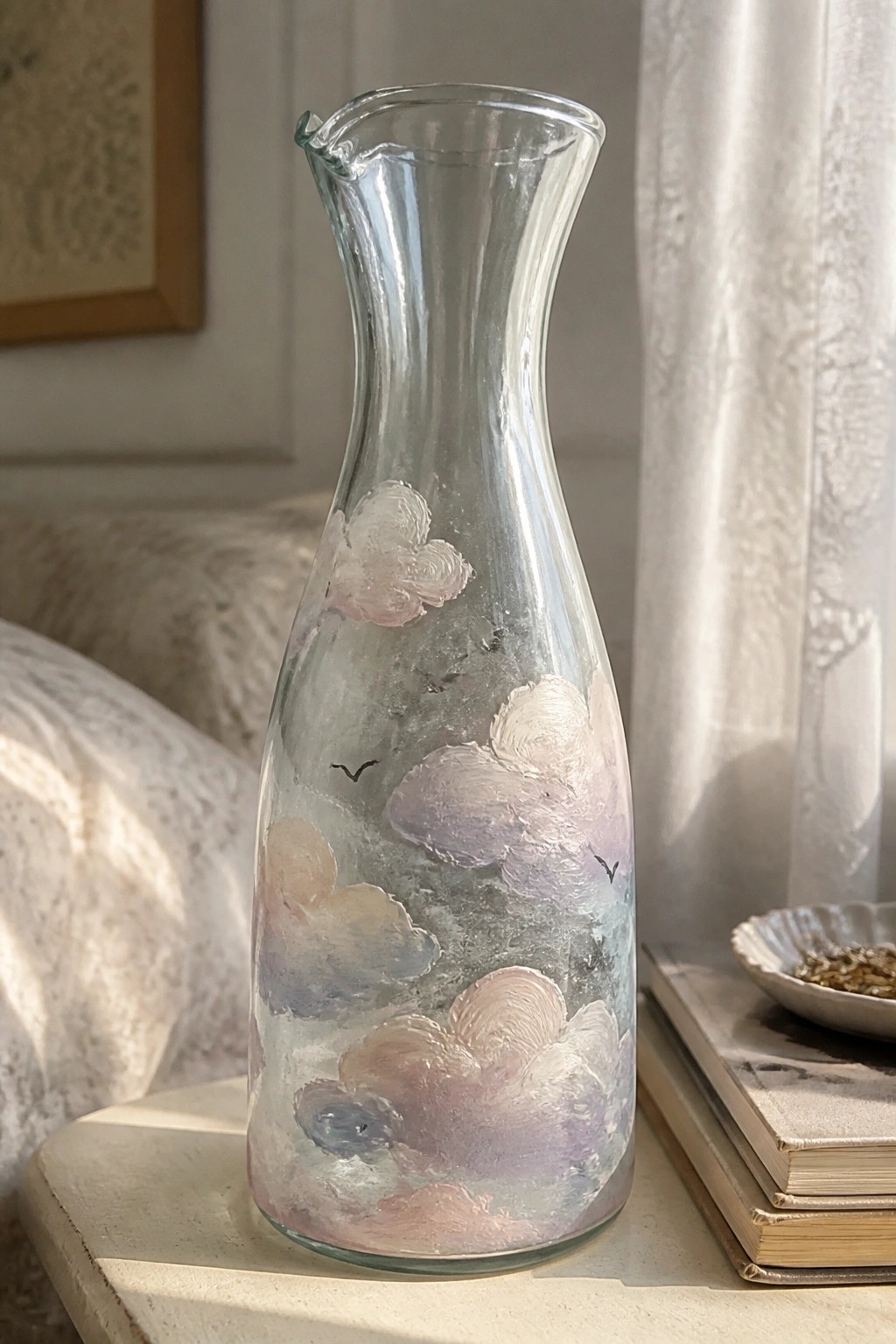 Hand-painted glass carafe with soft pastel clouds and small black birds