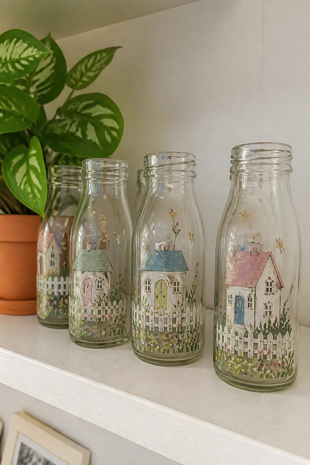 Four glass bottles painted with colorful cottages, fences and flowers beside a green plant.
