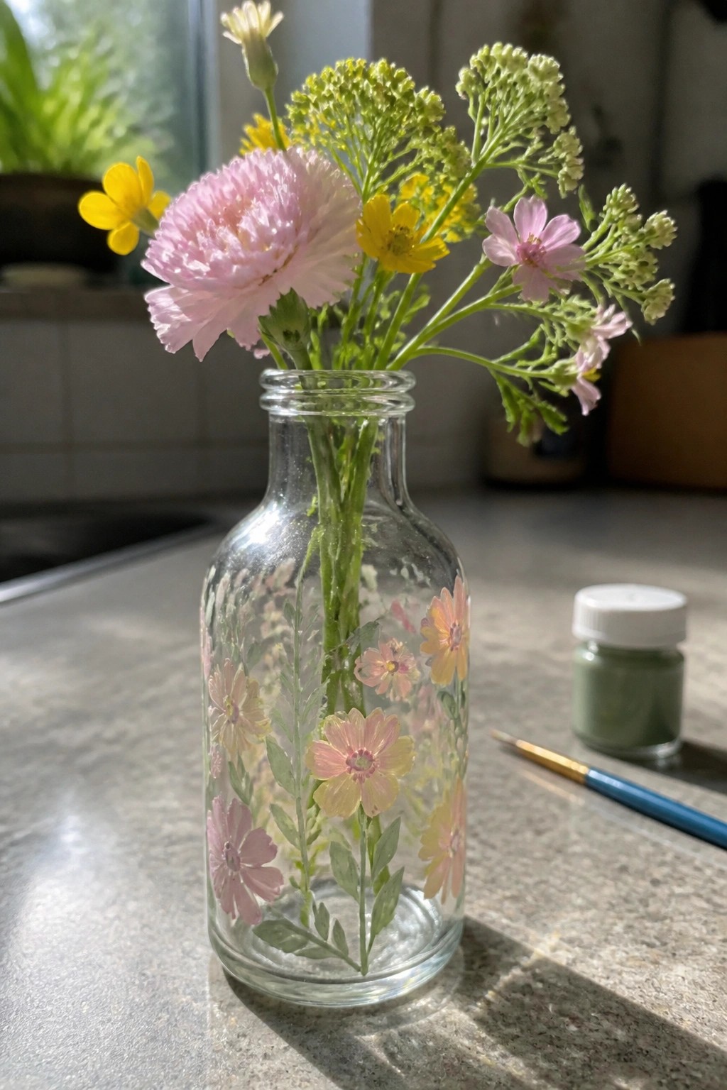 A clear glass bottle painted with pastel pink and yellow flowers holds fresh blooms on a countertop beside a jar of green paint and a brush.