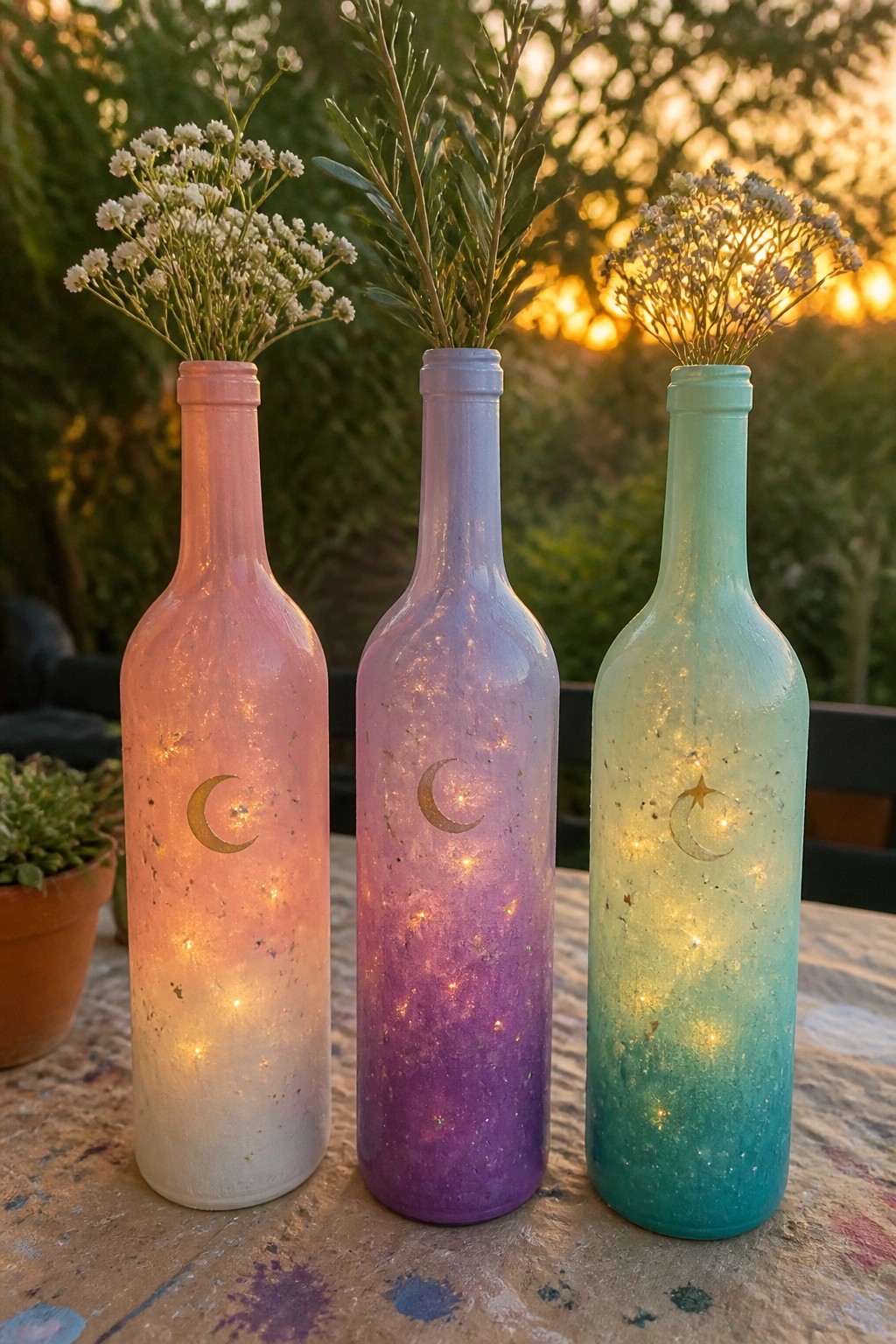 Three glowing gradient bottles with moon designs holding flowers on a wooden table at dusk.