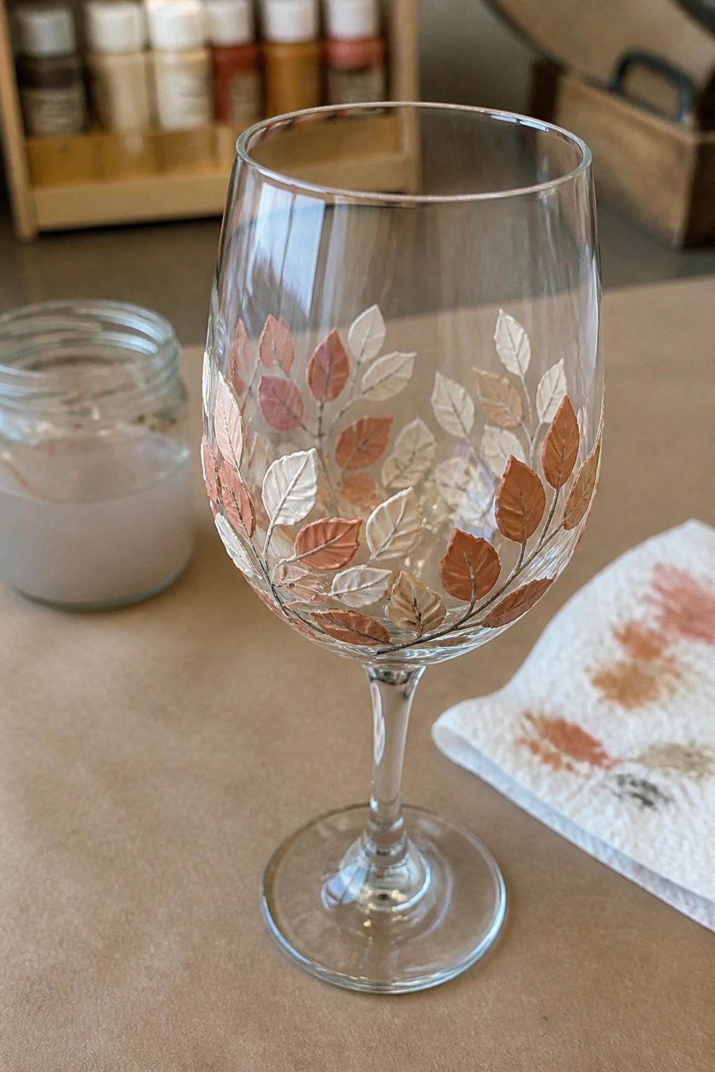 Wine glass with rose gold, white, and brown leaf designs beside paint jar and towel