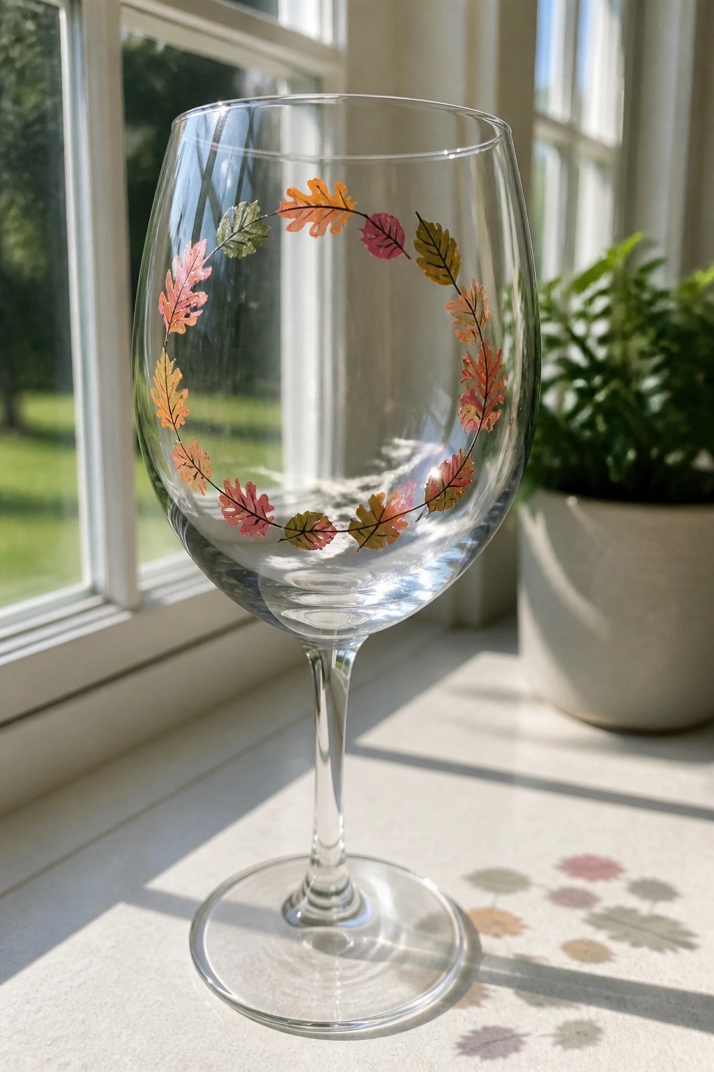 Wine glass with colorful autumn leaves painted around bowl on sunny windowsill