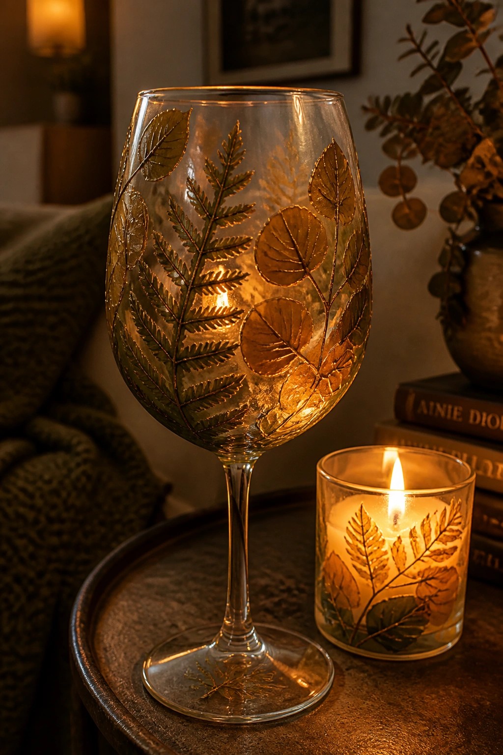 Illuminated wine glass with gold fern and leaf designs beside lit candle on wooden tray