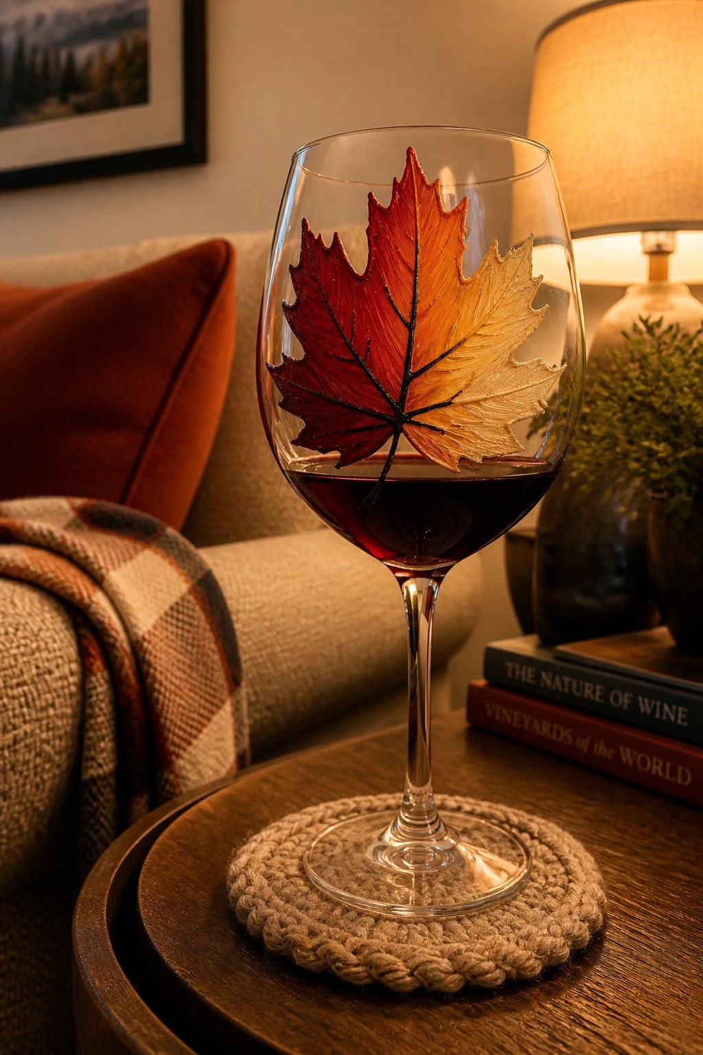 Wine glass with red wine and vibrant autumn maple leaf on wooden table