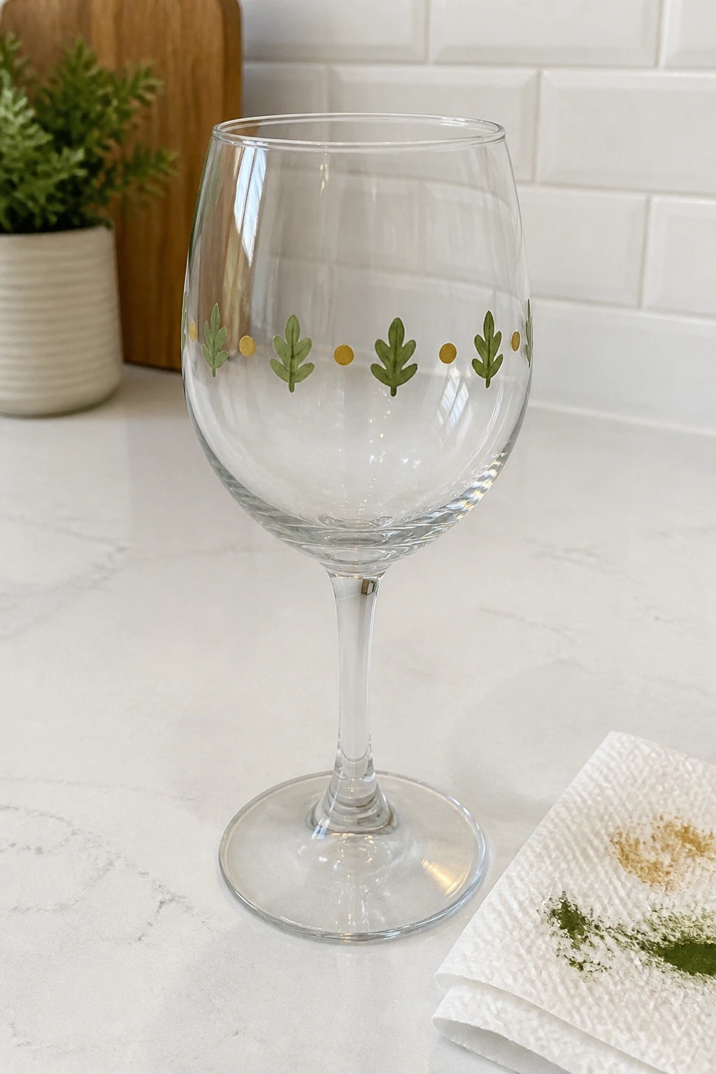 Stemmed wine glass with green leaves and gold dots on marble counter beside napkin