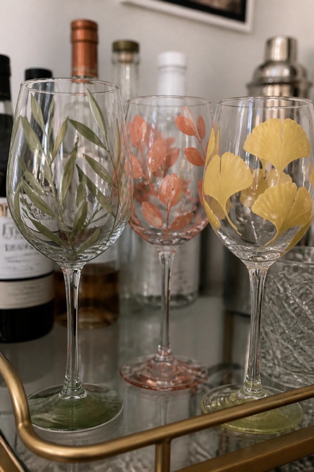 Three wine glasses with green, pink, and yellow leaf designs on a tray