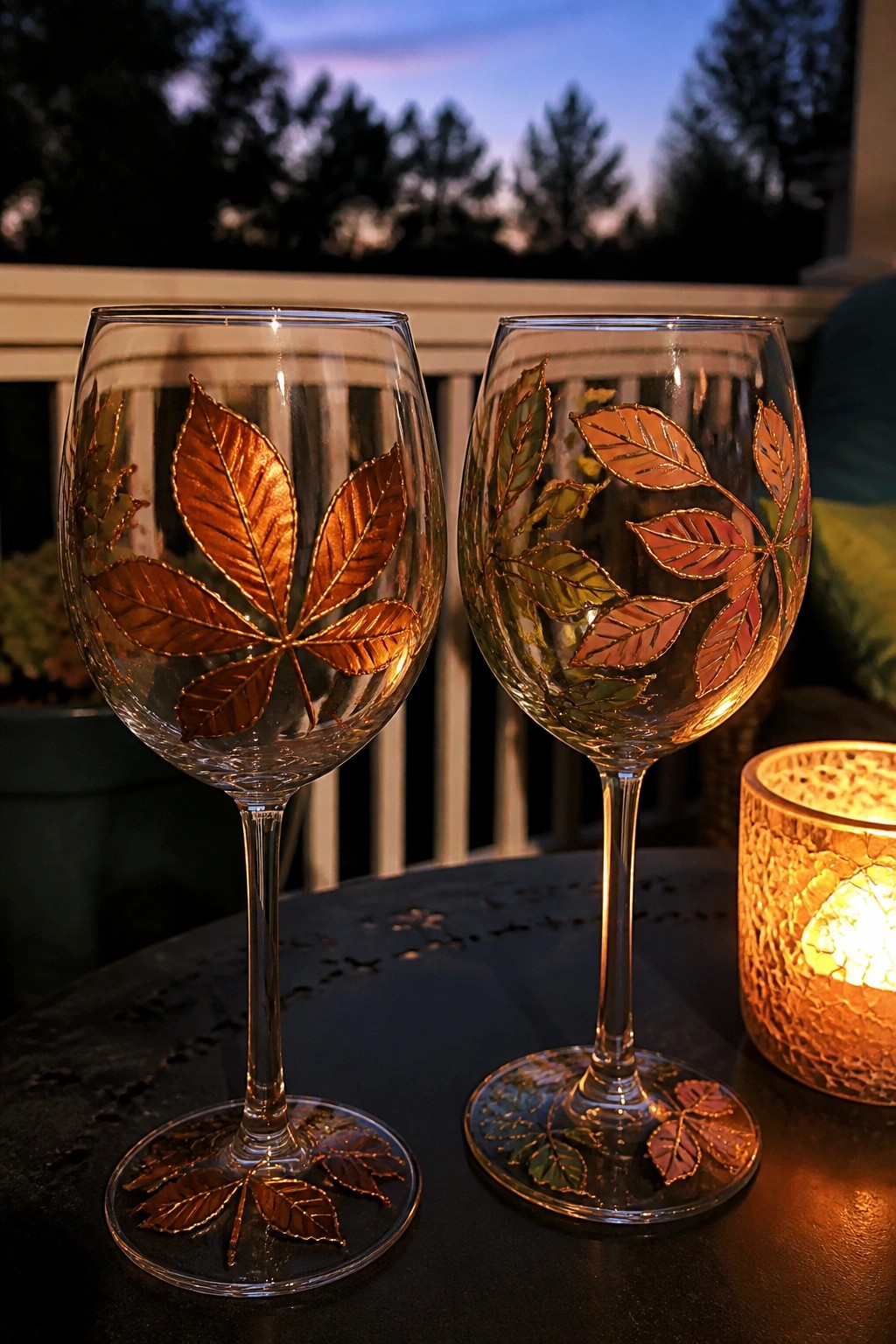 Two wine glasses with golden autumn leaves beside a lit candle at dusk
