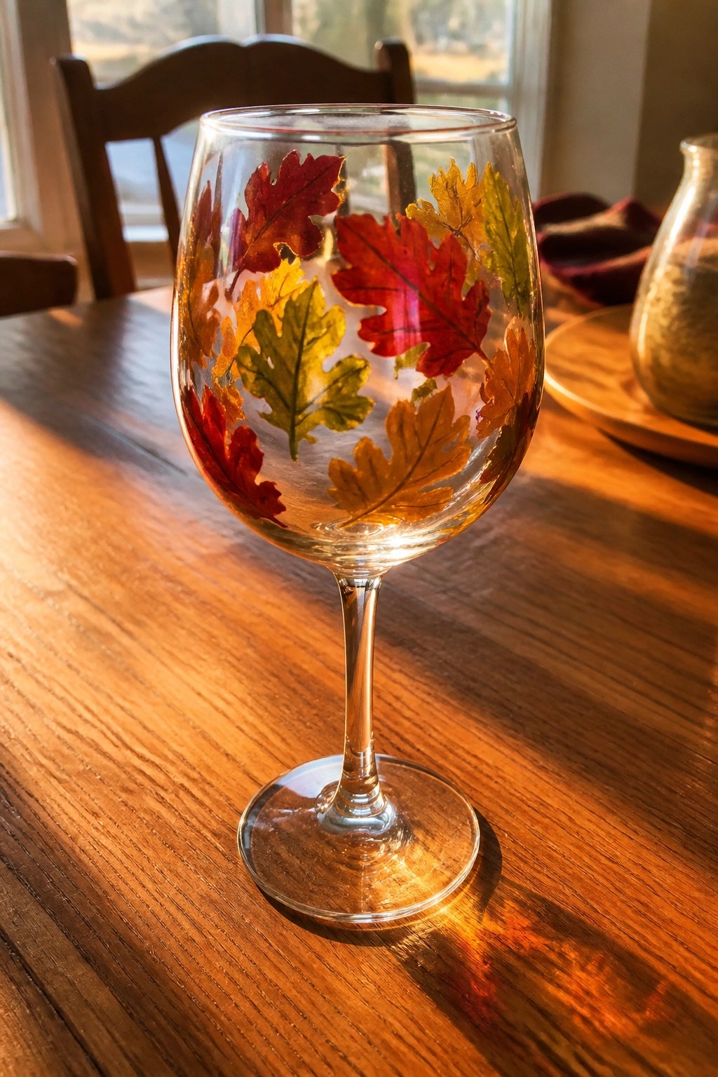 Wine glass with red orange yellow autumn leaves on sunlit wooden table