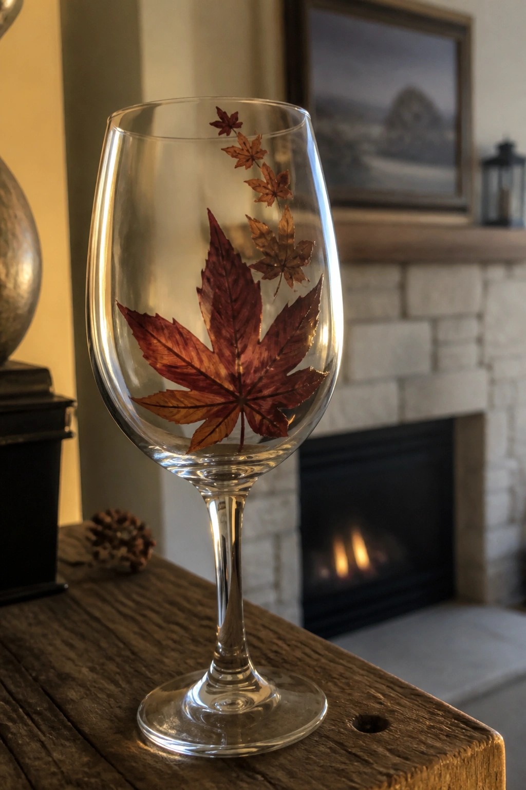 Wine glass with autumn maple leaves on wooden table by lit fireplace.
