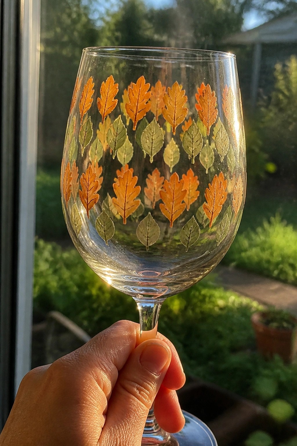 Hand holding wine glass decorated with orange and green autumn leaves