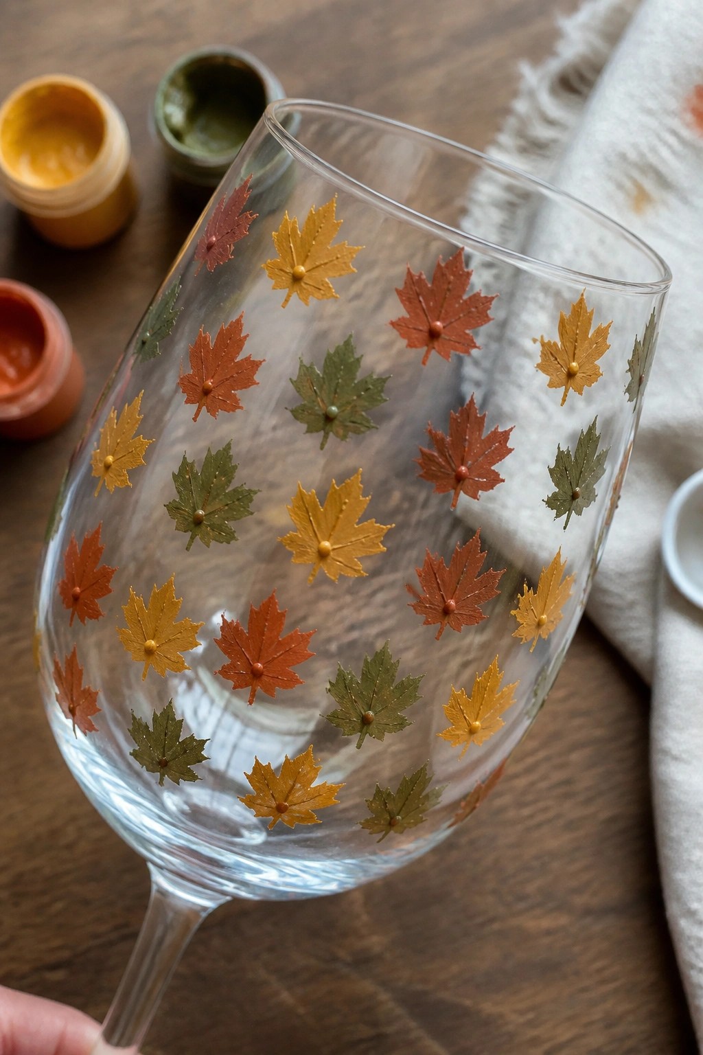 Wine glass painted with red, orange, yellow maple leaves beside open paint jars