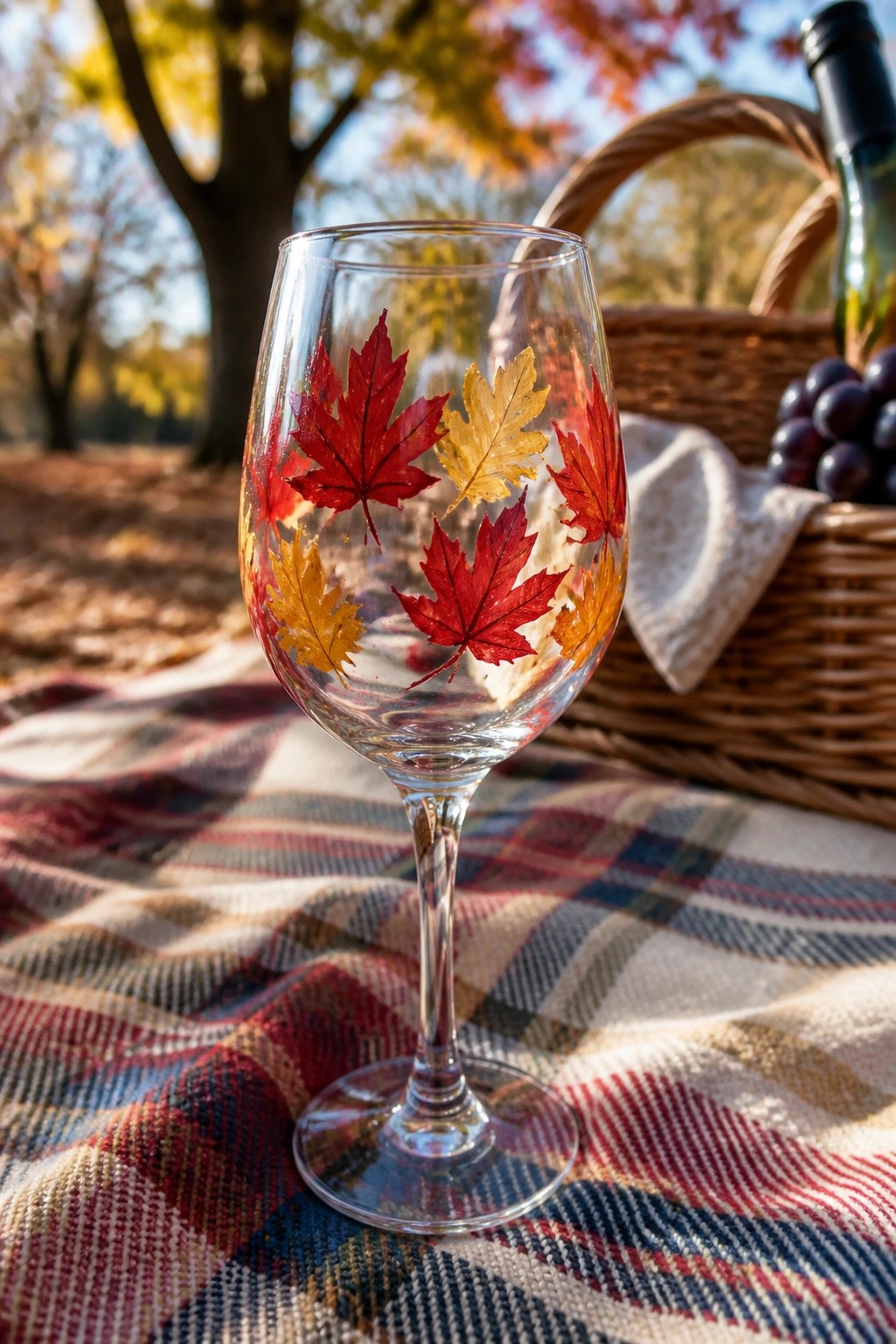 Wine glass with red and yellow maple leaves on plaid picnic blanket outdoors
