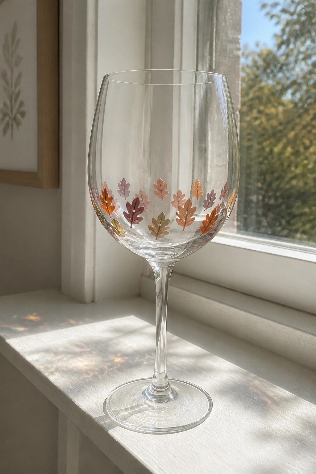 Clear wine glass with colorful autumn leaf decals on sunny white windowsill