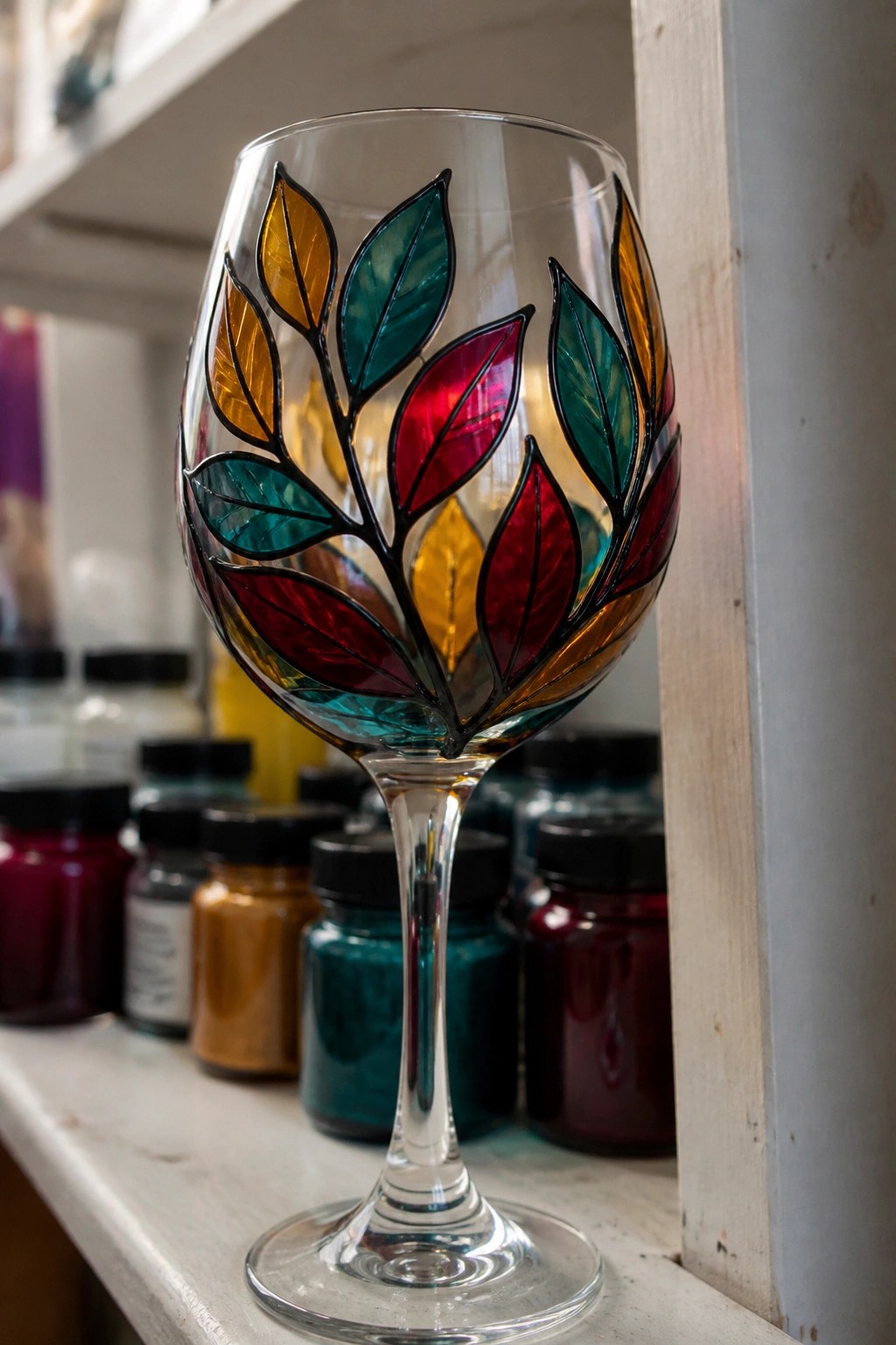 Wine glass with vibrant stained-glass leaves on shelf amid colorful paint jars