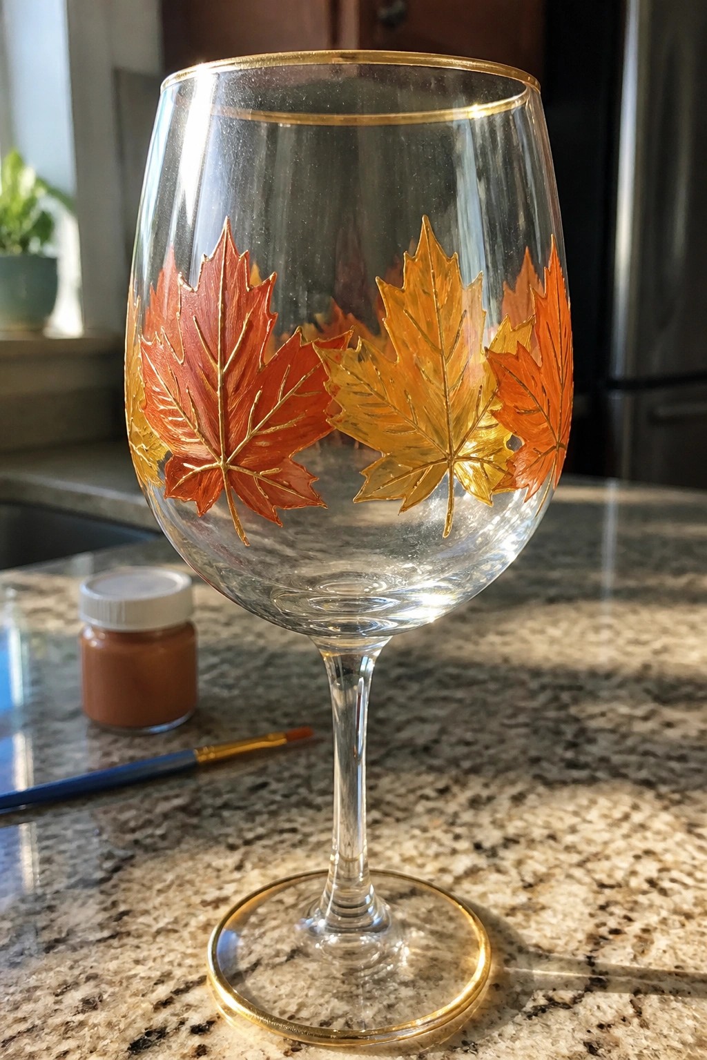 Wine glass with red, orange, yellow maple leaves and gold rims beside paint supplies