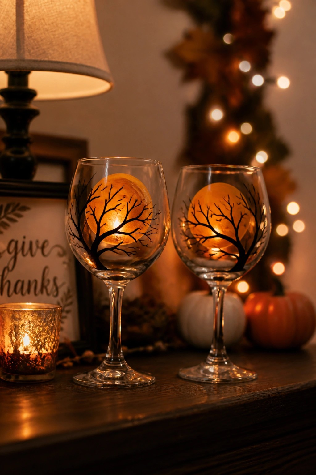 Two wine glasses with tree silhouettes holding glowing orange orbs beside pumpkins and candle.