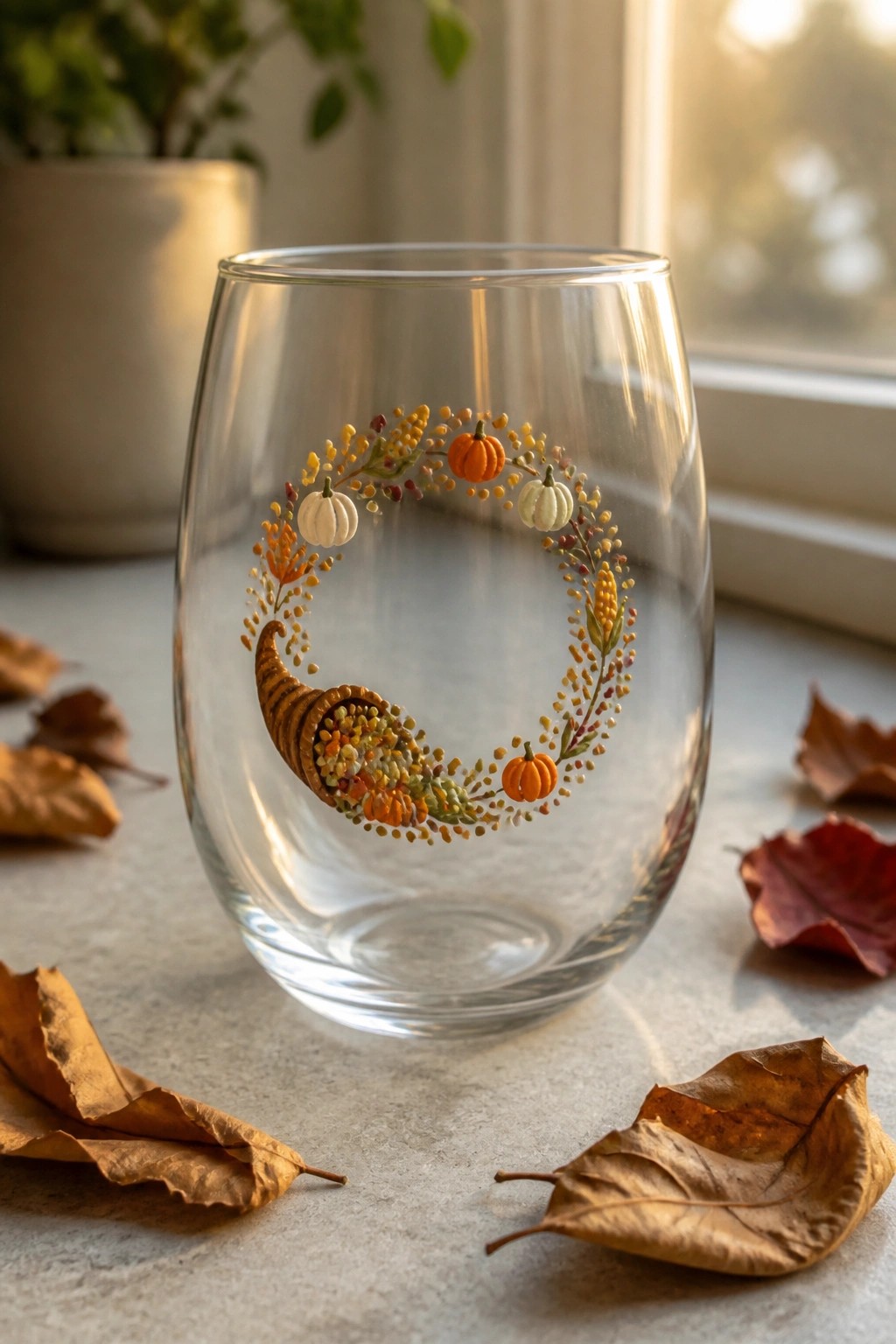 Clear stemless glass with painted autumn cornucopia wreath, pumpkins, and dried leaves nearby.