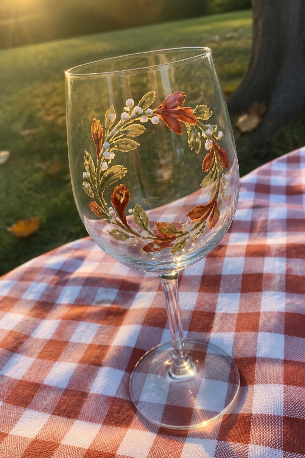 Hand-painted wine glass with autumn leaves and berries on checkered picnic blanket
