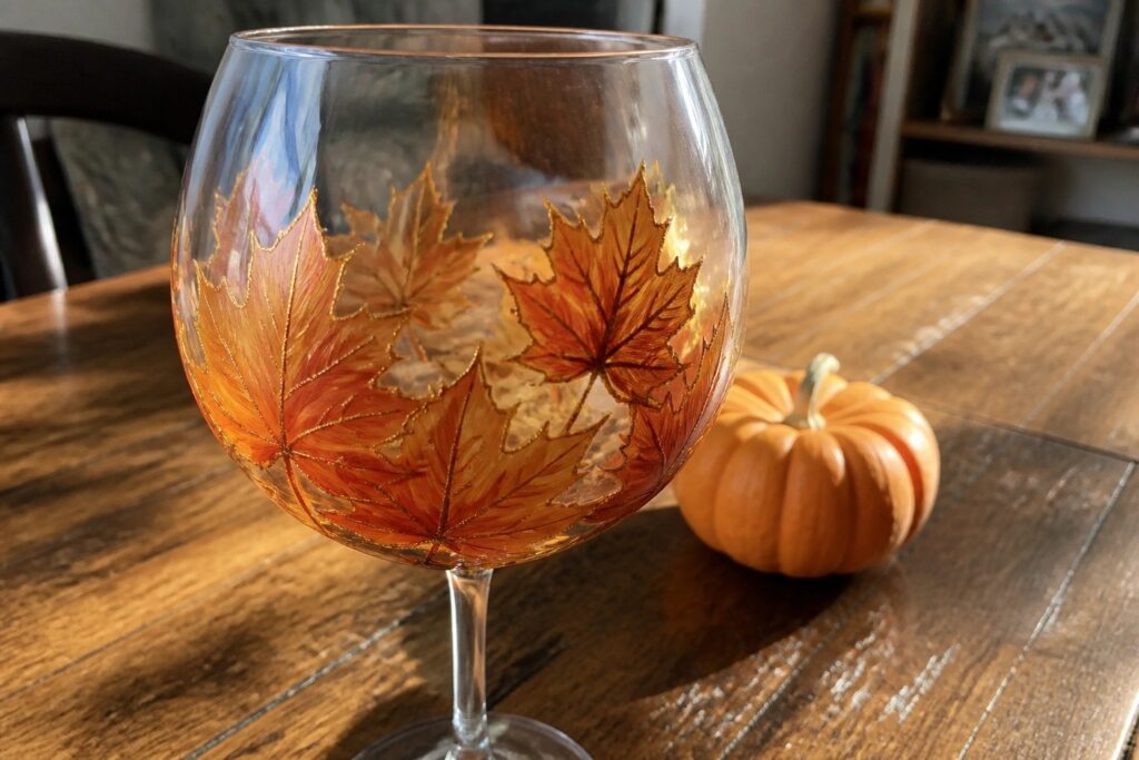 20 Easy Fall Wine Glass Painting Ideas Designed for Beginner Brushwork Decorated wine glass with red orange autumn leaves beside pumpkin on wooden table