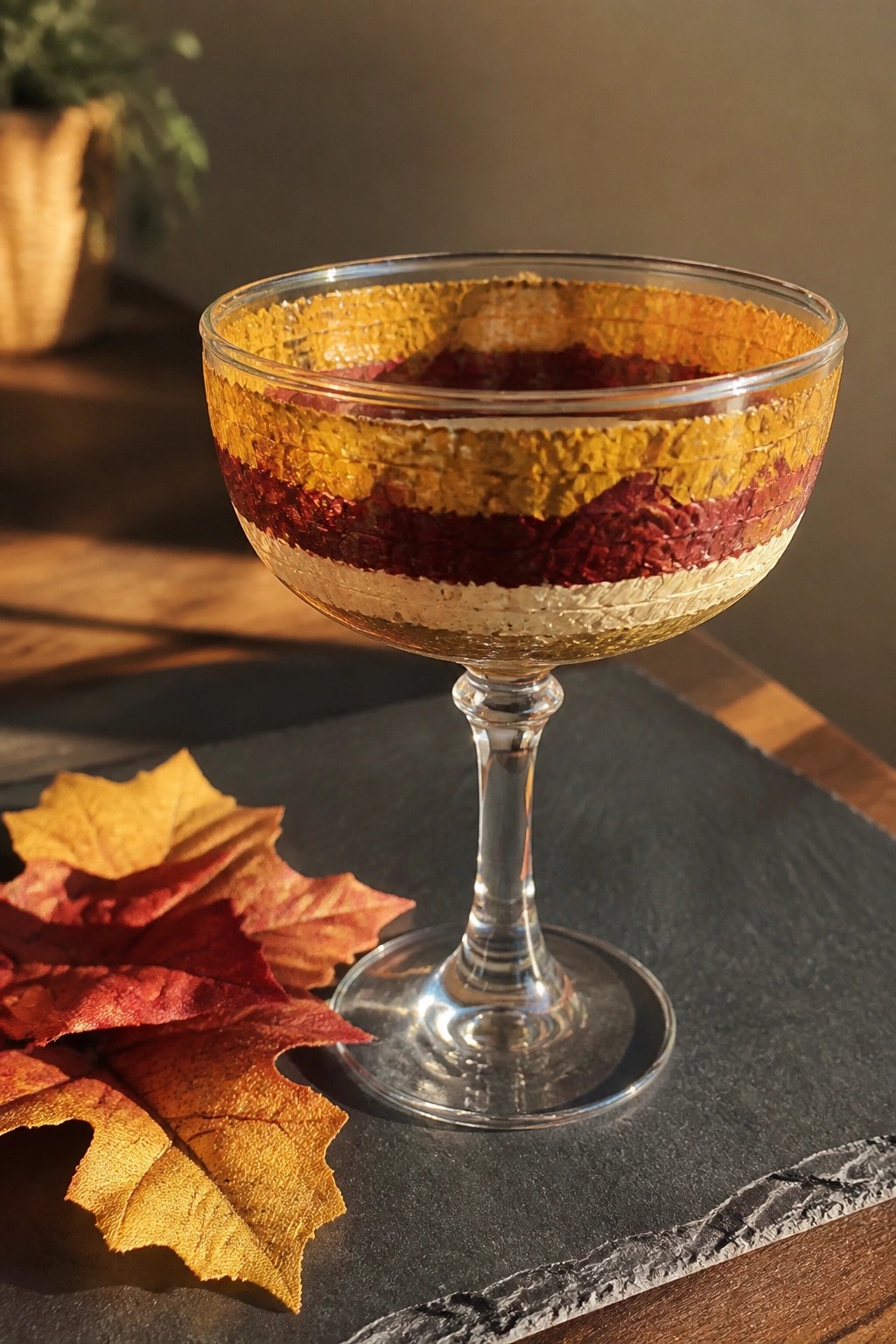 Elegant coupe glass with gold and red foil bands beside autumn leaves on slate