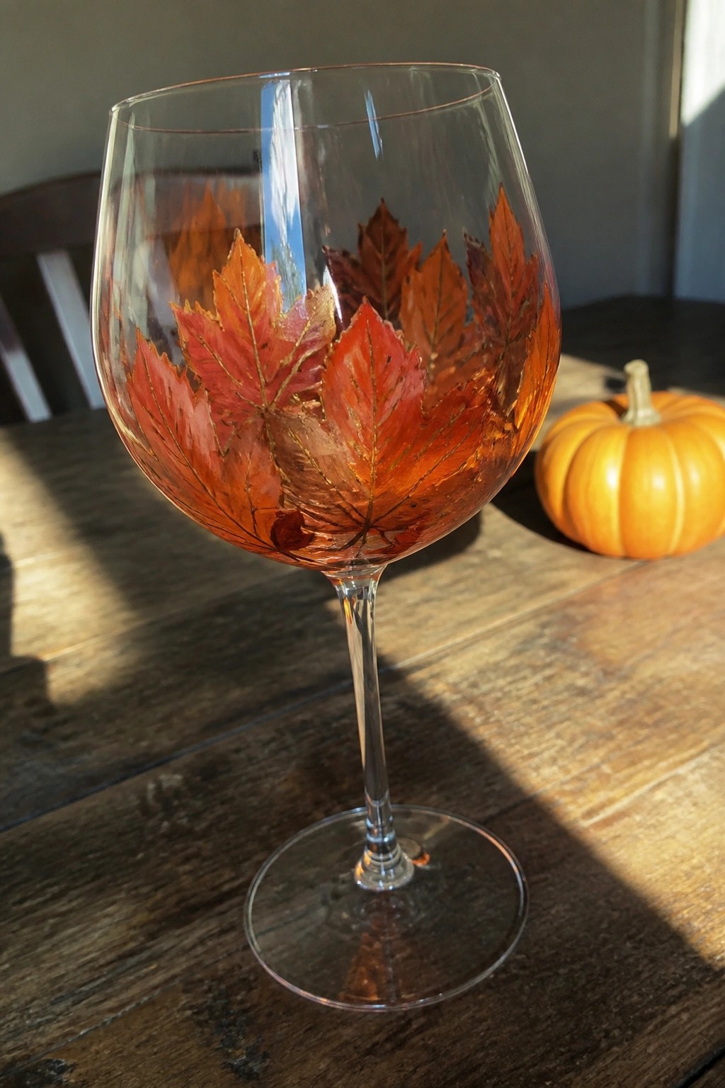 Decorated wine glass with red orange autumn leaves beside pumpkin on wooden table